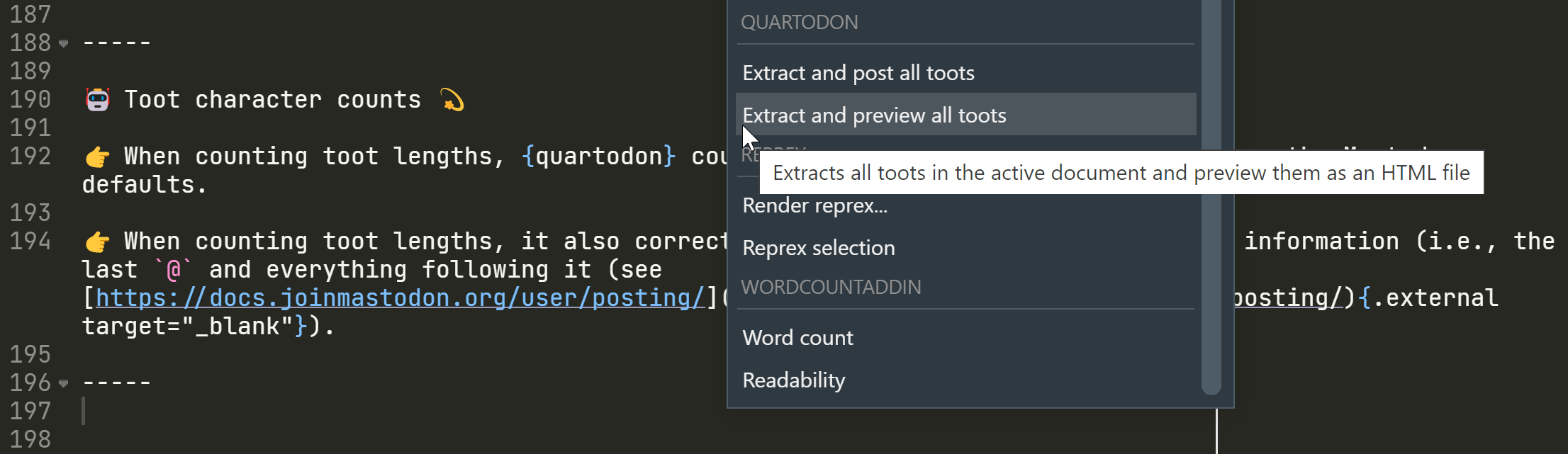 A screenshot of RStudio showing the Addins menu, with the cursor hovering over the 'Extract and preview all toots' option, with the Quarto blog post containing the toots in this thread.