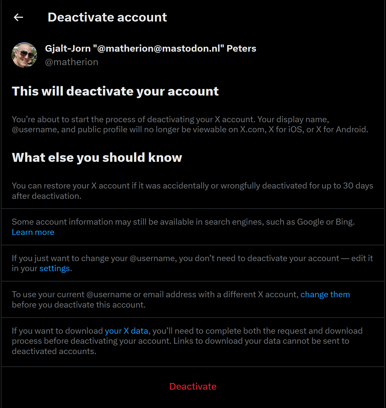 A screenshot from the Twitter/X site showing the dialog where you delete your account.